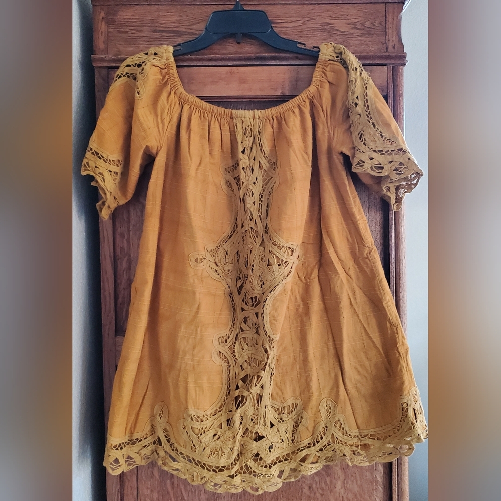 FREE PEOPLE BATTENBURG LACE OFF- SHOULDER MINI DRESS MUSTARD Medium